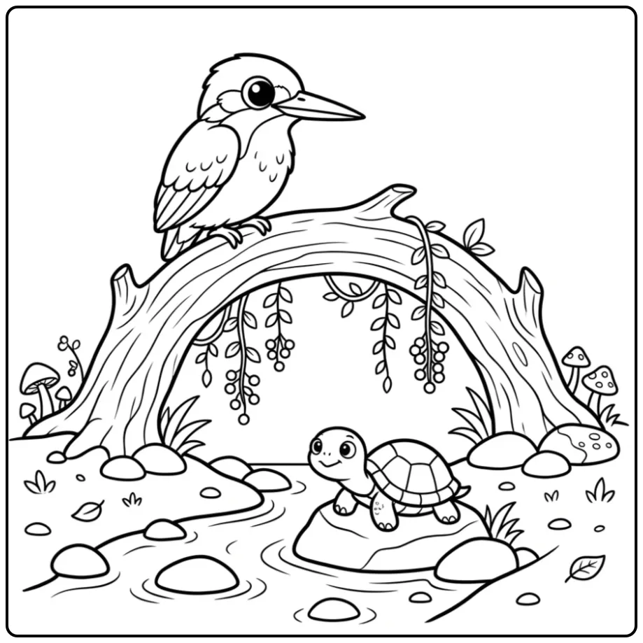 Cute Kingfisher on a Wooden Arch coloring page