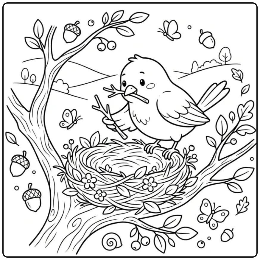 Cute Canary Building Nest coloring page