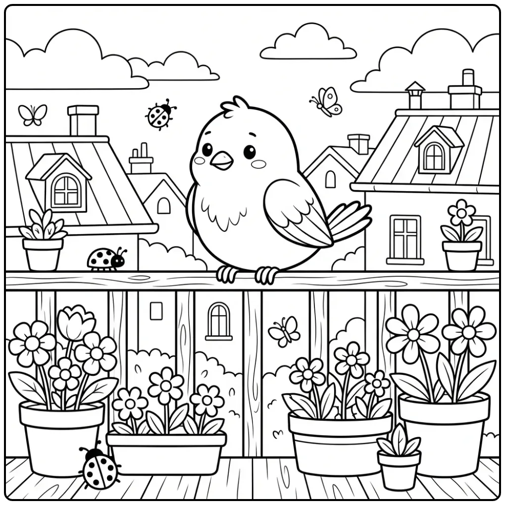 Cute Canary on a Balcony coloring page