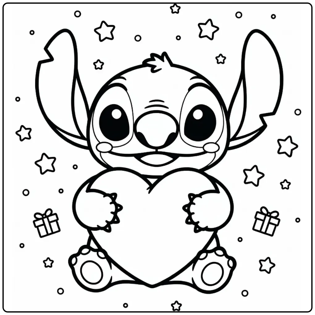 Cute Kawaii Stitch with Heart and Gifts coloring page