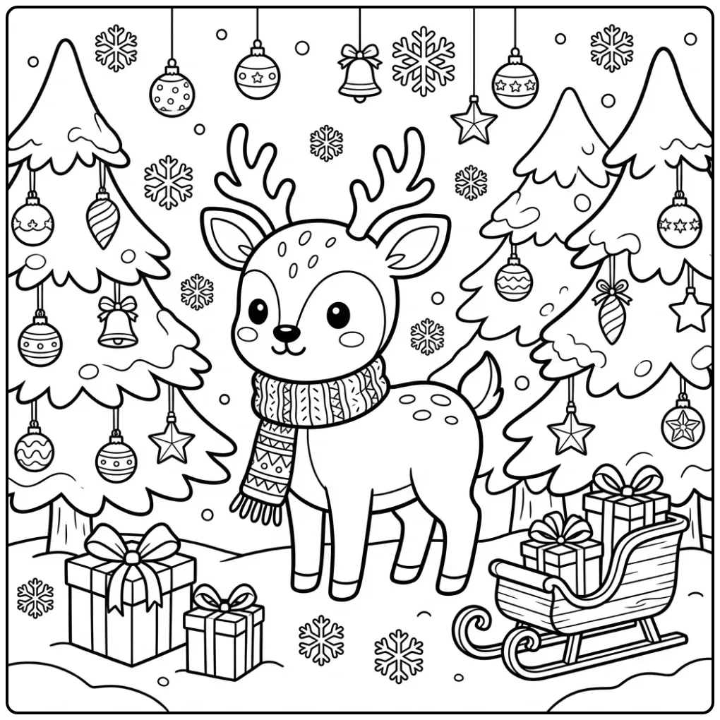 Cute Christmas Deer with Warm Scarf coloring page