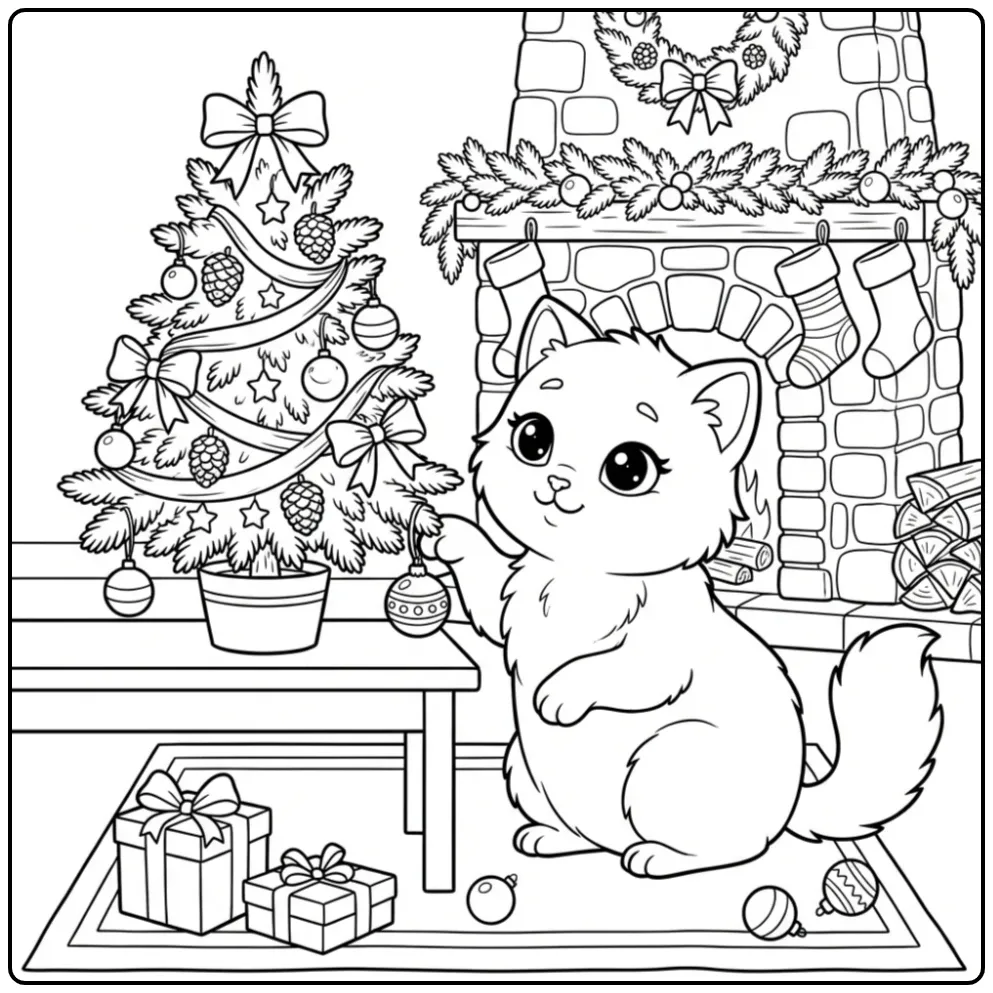 Cute Cat with the Small Christmas Tree coloring page