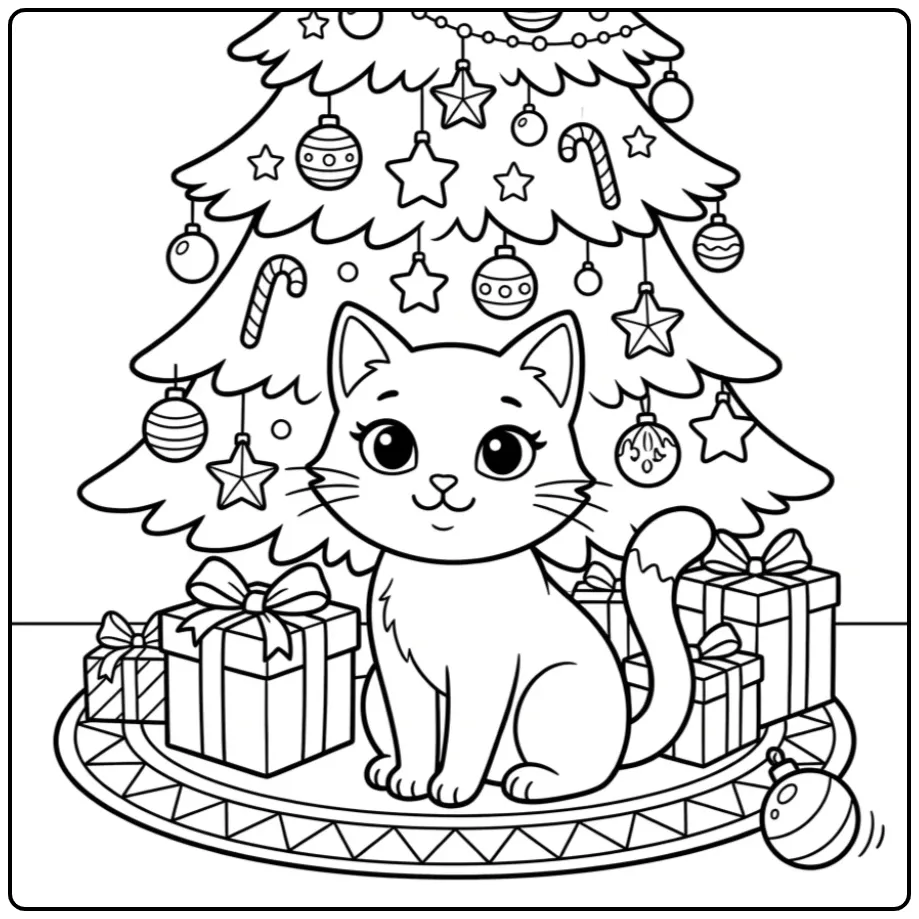 Cute Christmas Cat with Gifts coloring page
