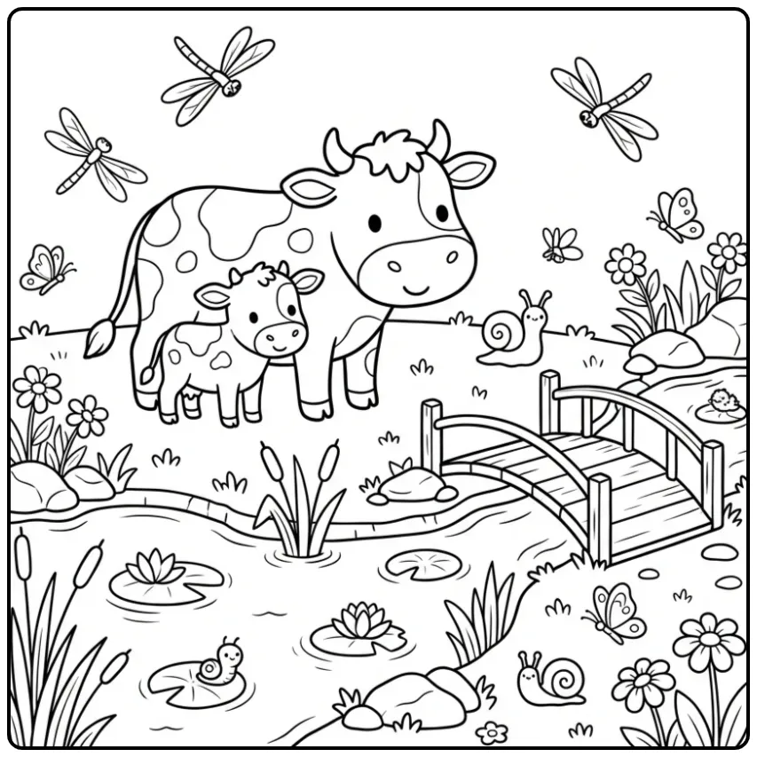 Cute Cow and Calf by the Pond coloring page
