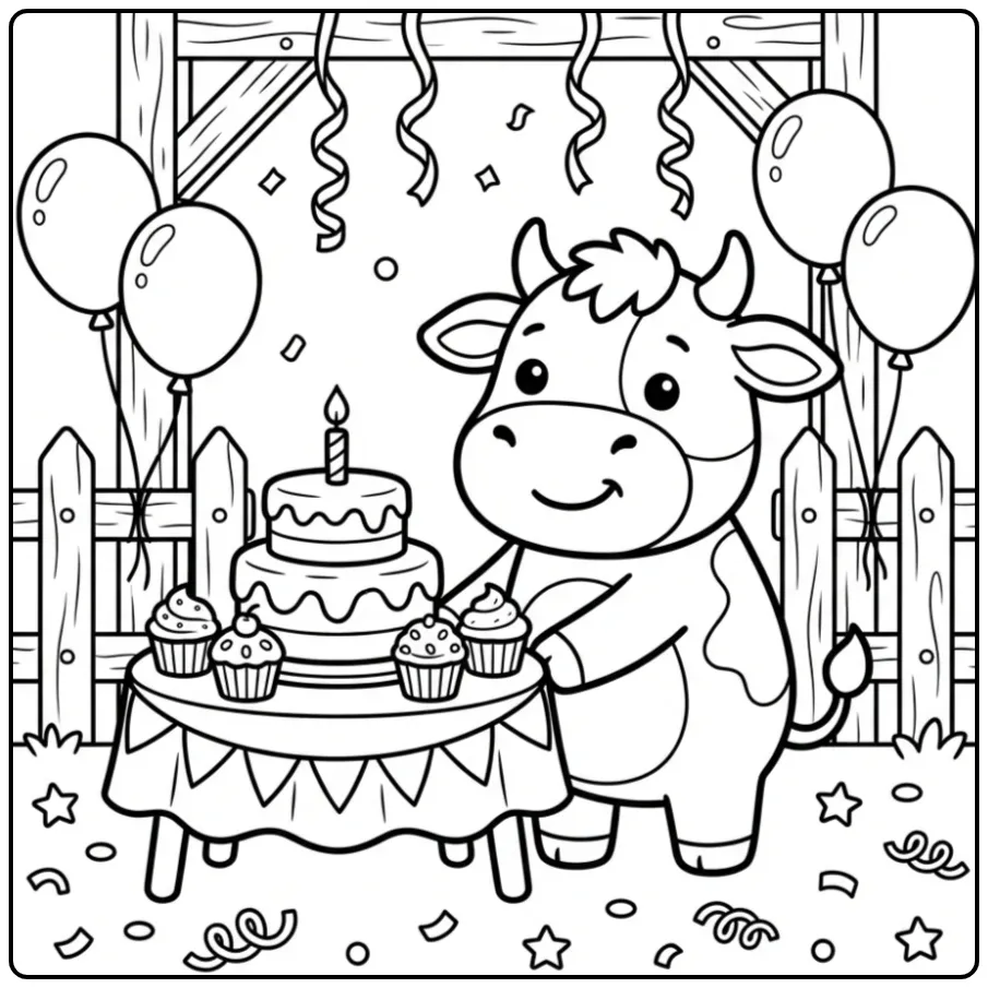 Cute Cow Birthday Party with Cupcakes coloring page