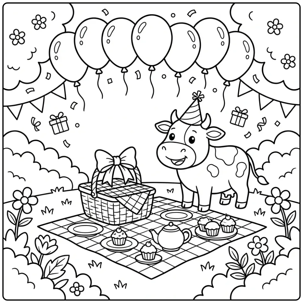 Cute Cow Birthday with Picnic Basket coloring page