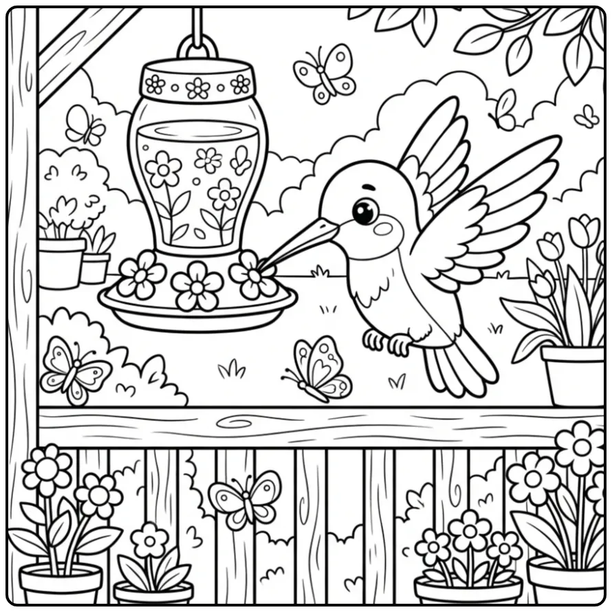 Cute Hummingbird with Feeding Trough on the Veranda coloring page