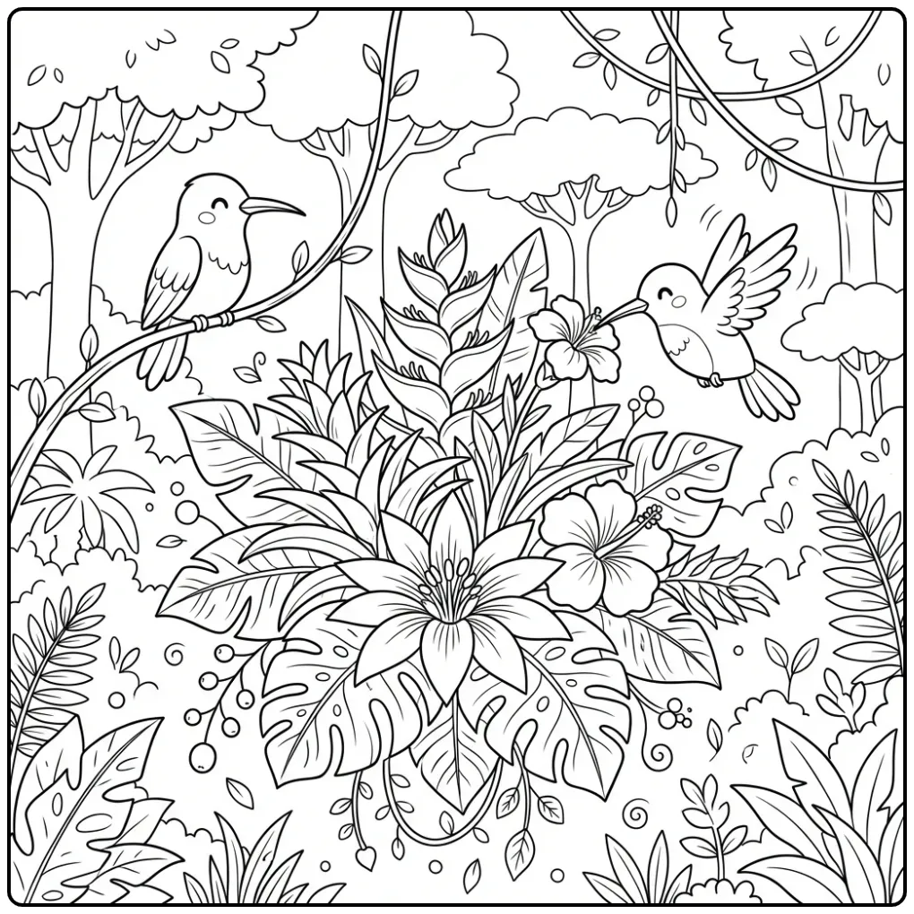 Cute Hummingbird and Tropical Flowers coloring page