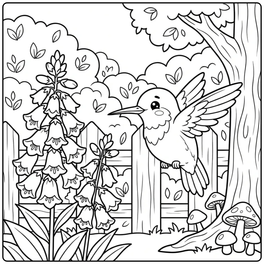 Cute Hummingbird in the Forest with Flowers coloring page