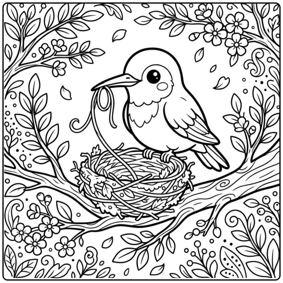 Cute Hummingbird with Blossoms coloring page