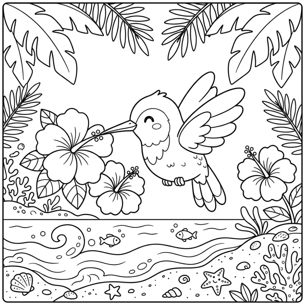 Cute Hummingbird on a Tropical Island coloring page