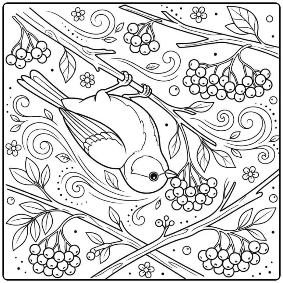 Cute Great Tit Eating Berries in the Garden coloring page