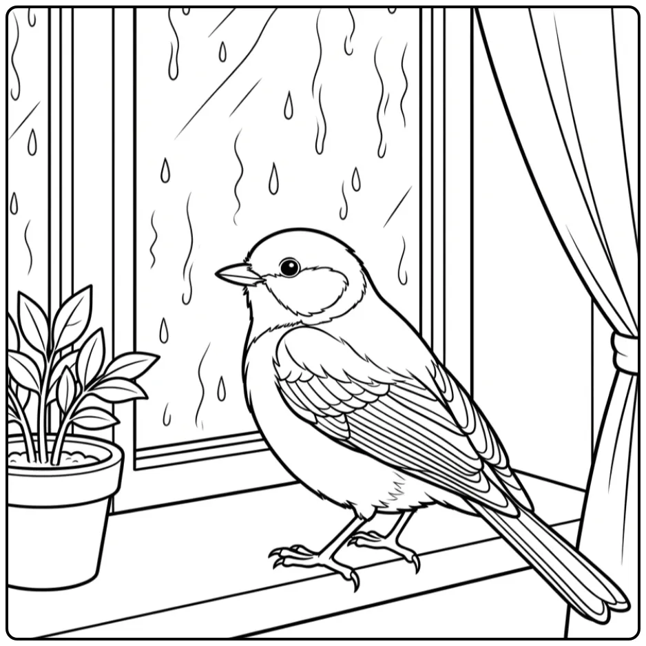 Cute Great Tit Looking Toward Raindrops coloring page