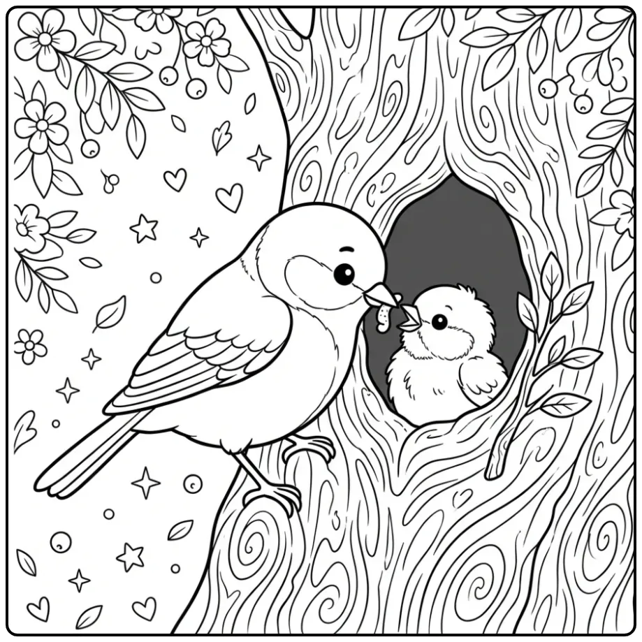 Cute Great Tit with Chick coloring page