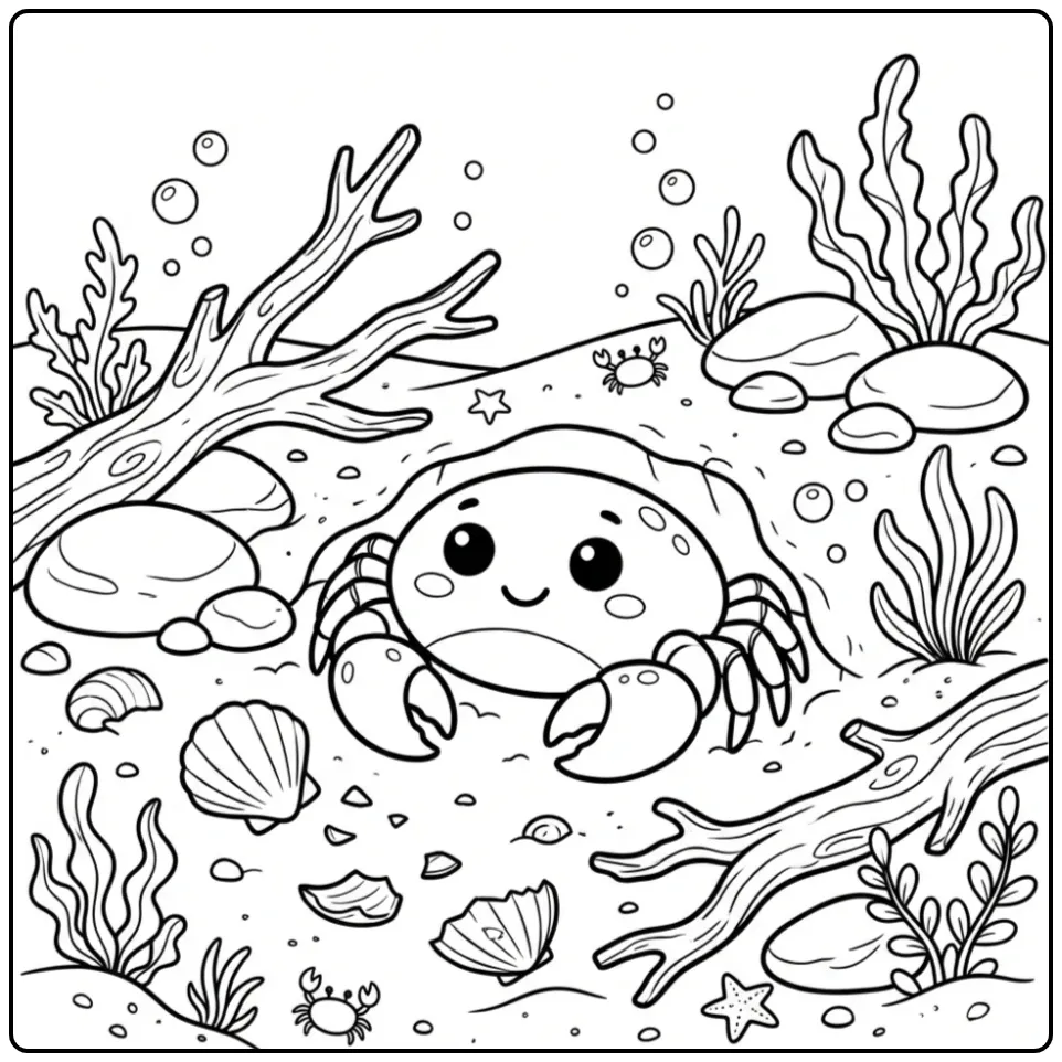 Cute Crab Crawling from Sand Hole coloring page