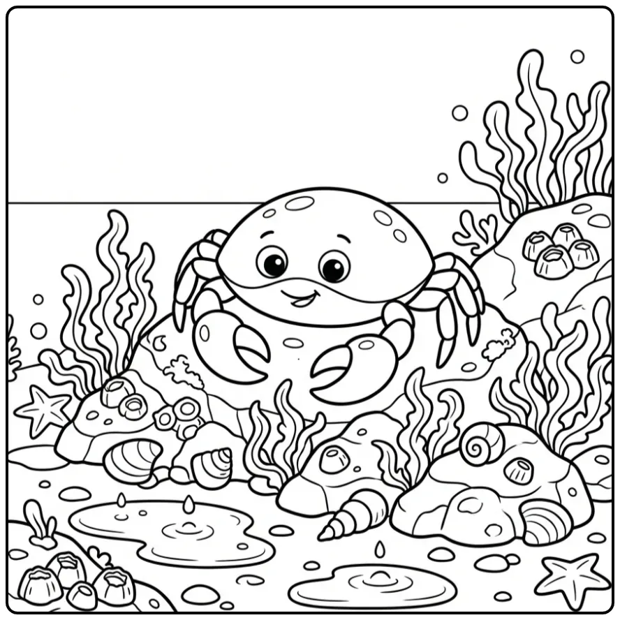 Cute Crab with Seaweed and Shells coloring page