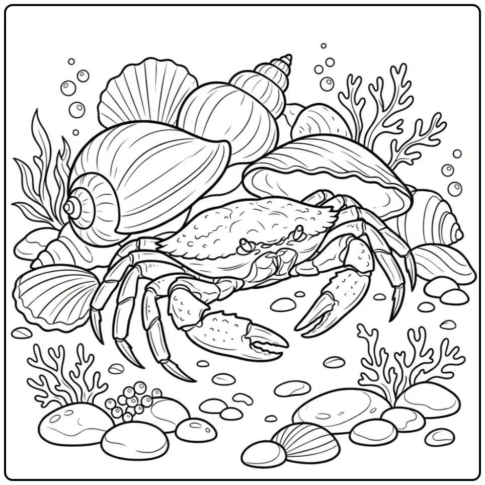 Cute Crab Among the Shells coloring page