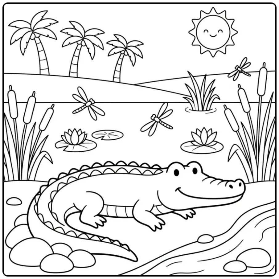 Crocodile coloring page showing a crocodile on a sunny riverbank