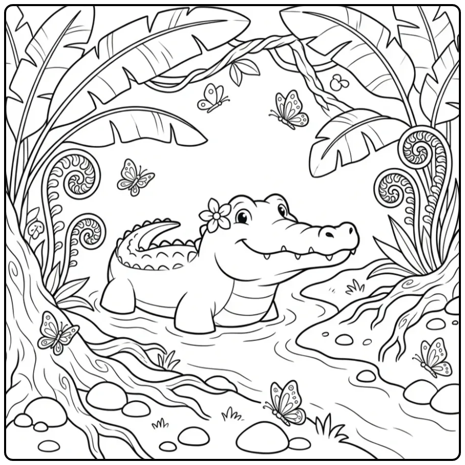Crocodile coloring page featuring a crocodile under jungle leaves