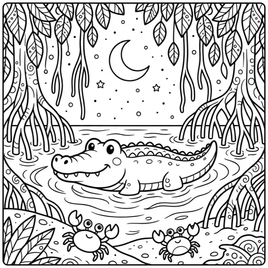 Crocodile coloring page featuring a crocodile in a moonlit mangrove