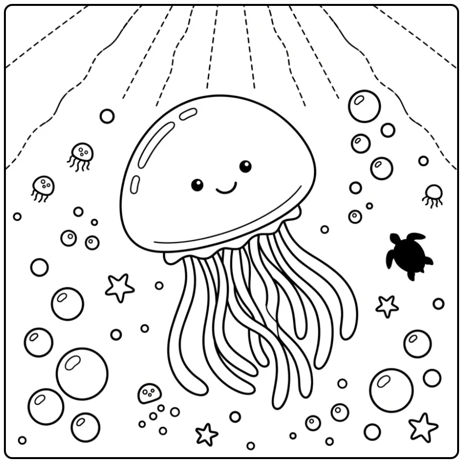 Cheerful jellyfish coloring page swimming with a sea turtle