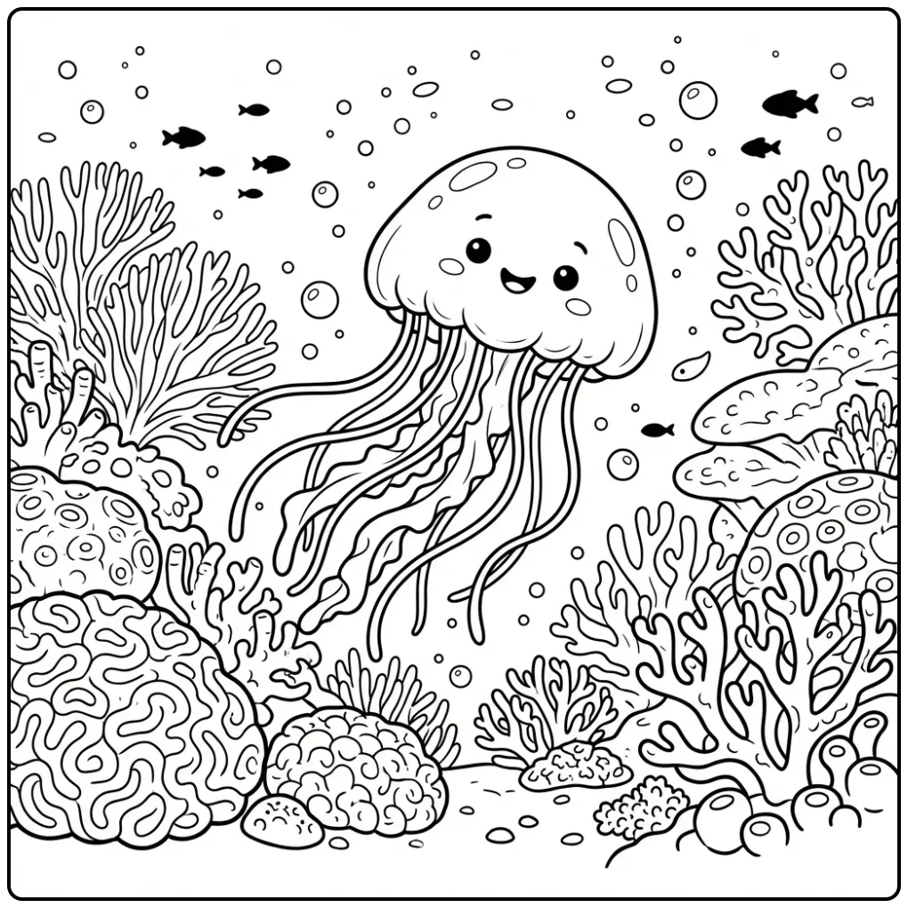 Cheerful jellyfish coloring page swimming among round coral