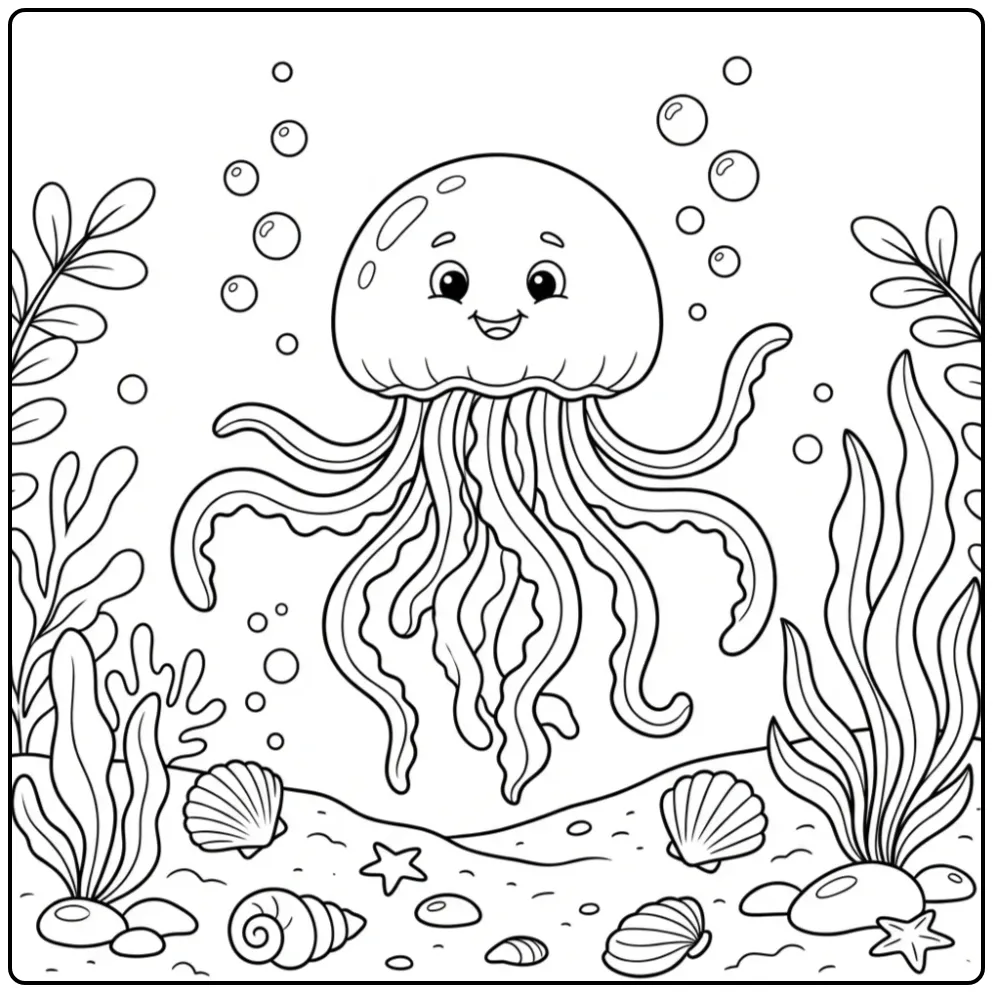 Cheerful jellyfish coloring page swimming above the sandy bottom