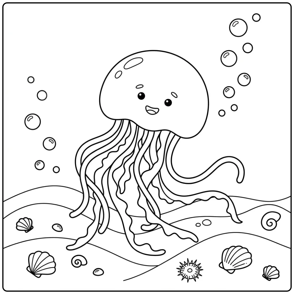 Jellyfish coloring page with bubbles and shells on the bottom