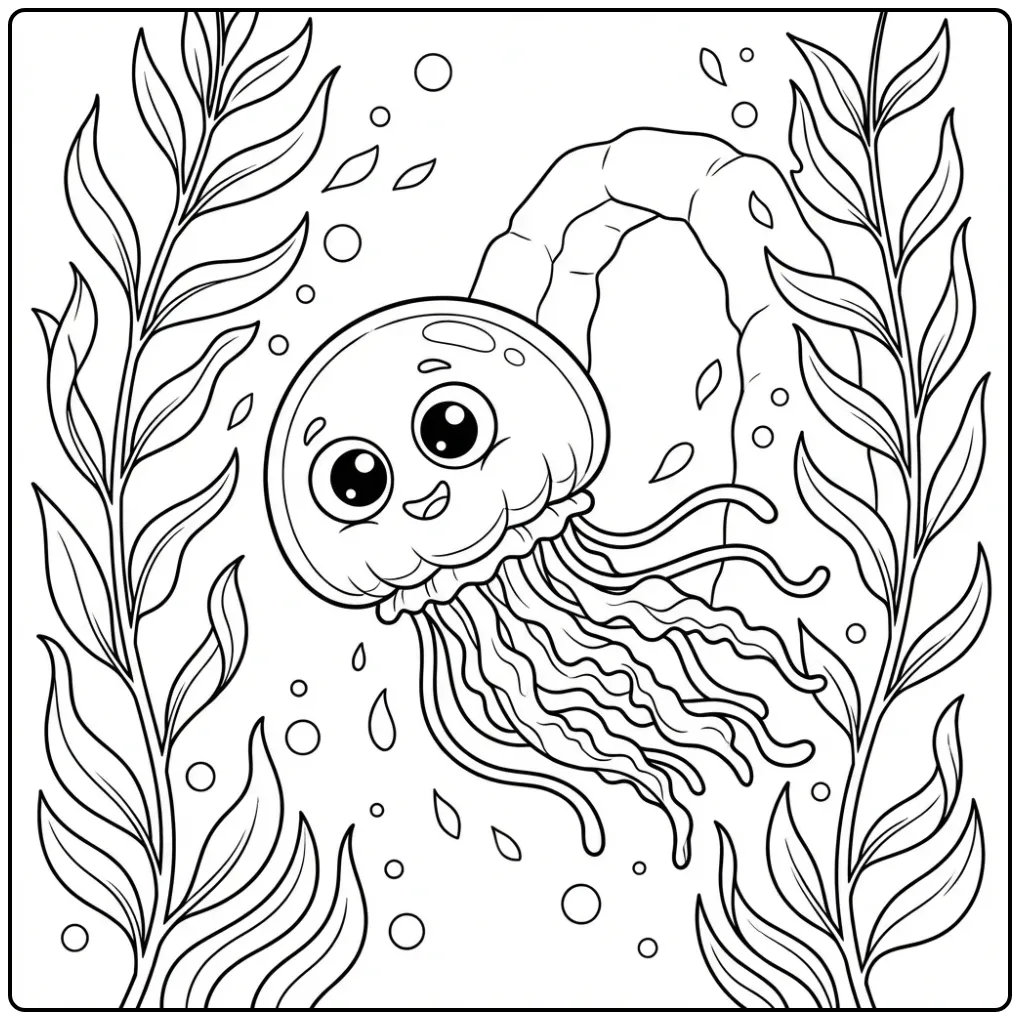 Cheerful jellyfish coloring page swimming in the ocean