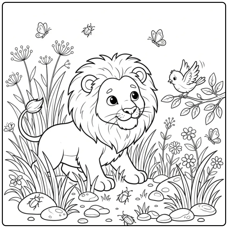Lion coloring page in the grass with a bird