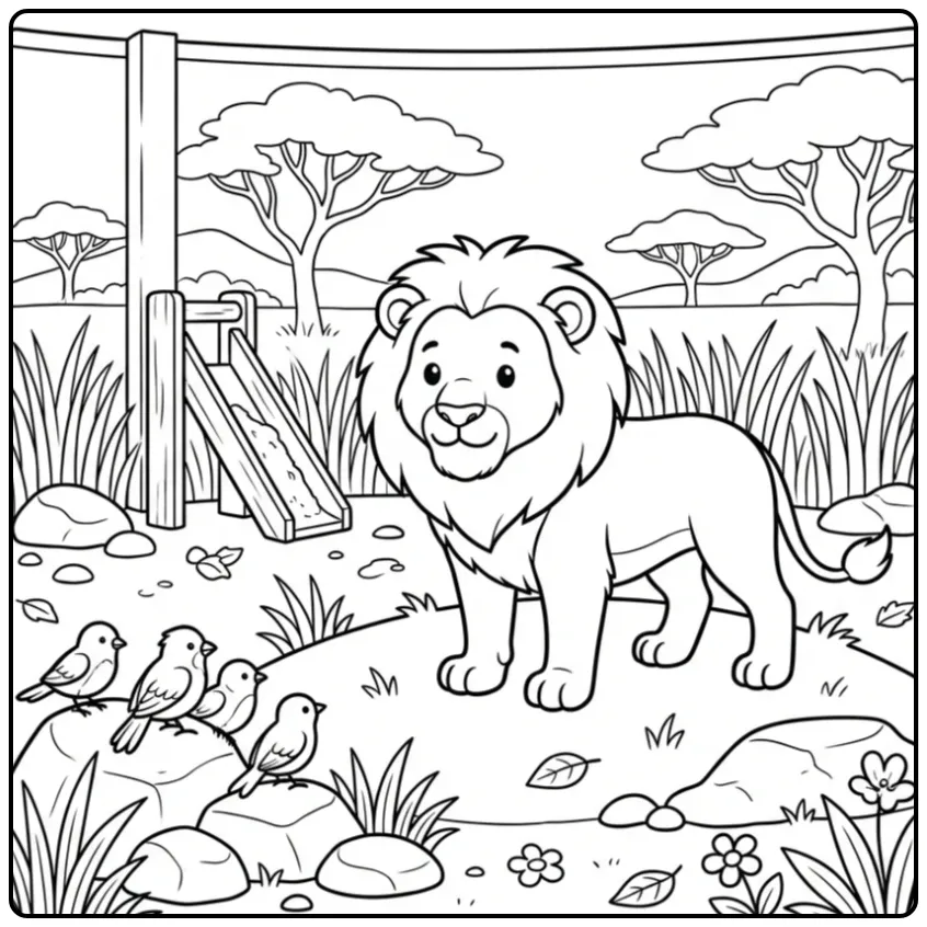 Lion coloring page on a grassy hill