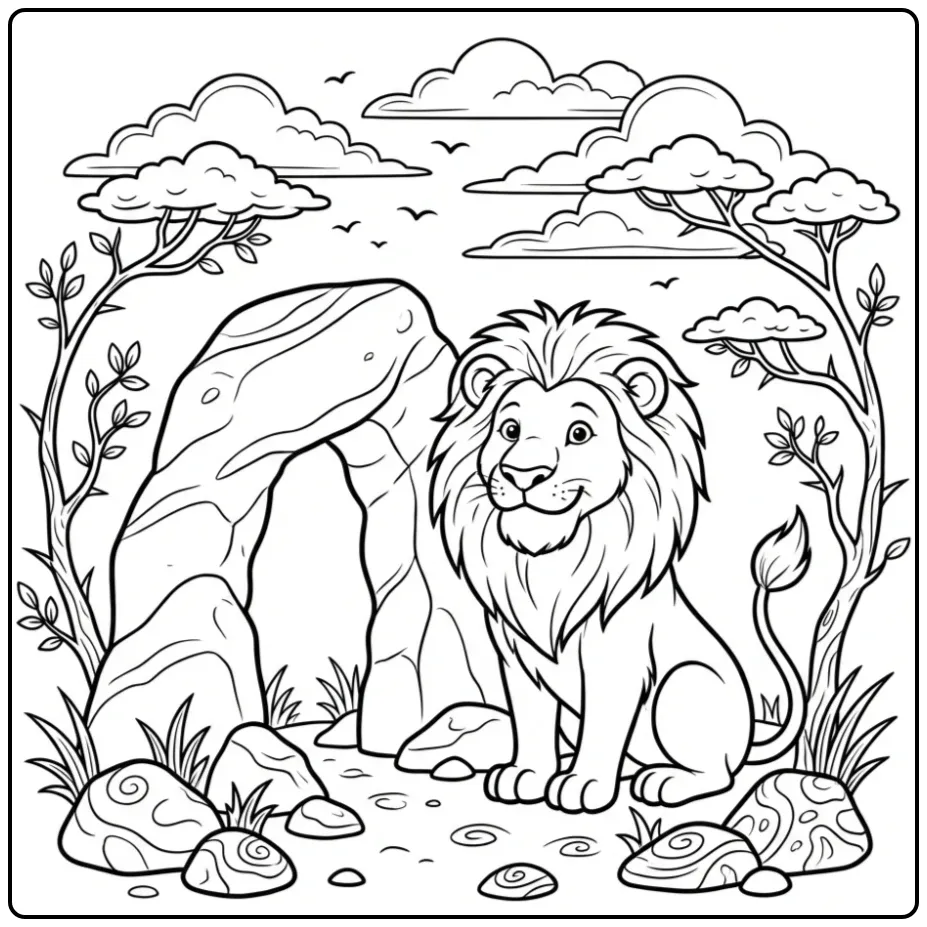 Proud lion coloring page sitting by a stone arch and trees