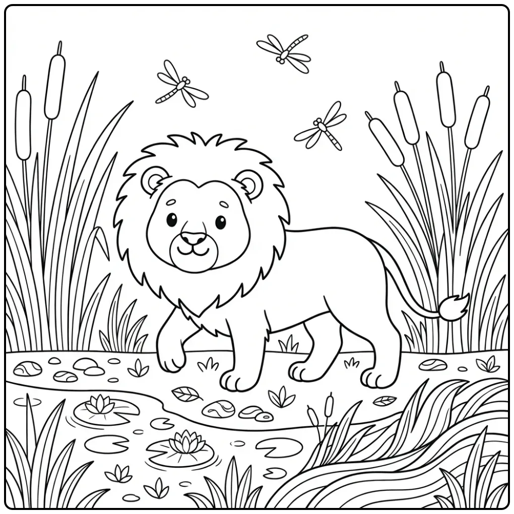 Lion coloring page walking beside reeds and cattails in a marsh