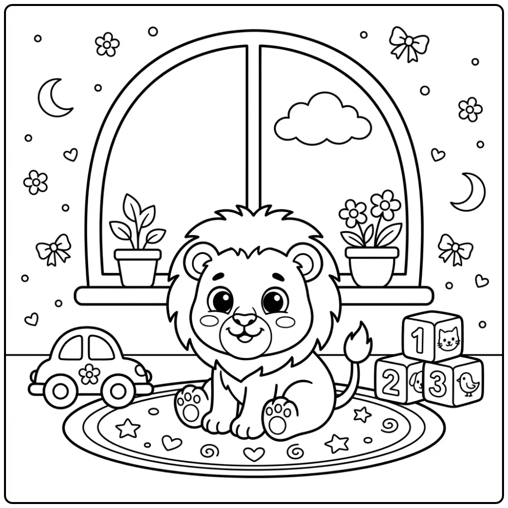 Cute Lion Toddler with Toys and Blocks coloring page