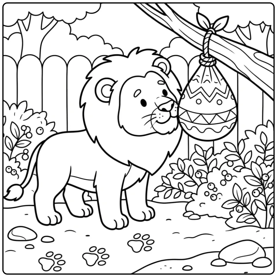 Lion coloring page in a zoo with a scent bag
