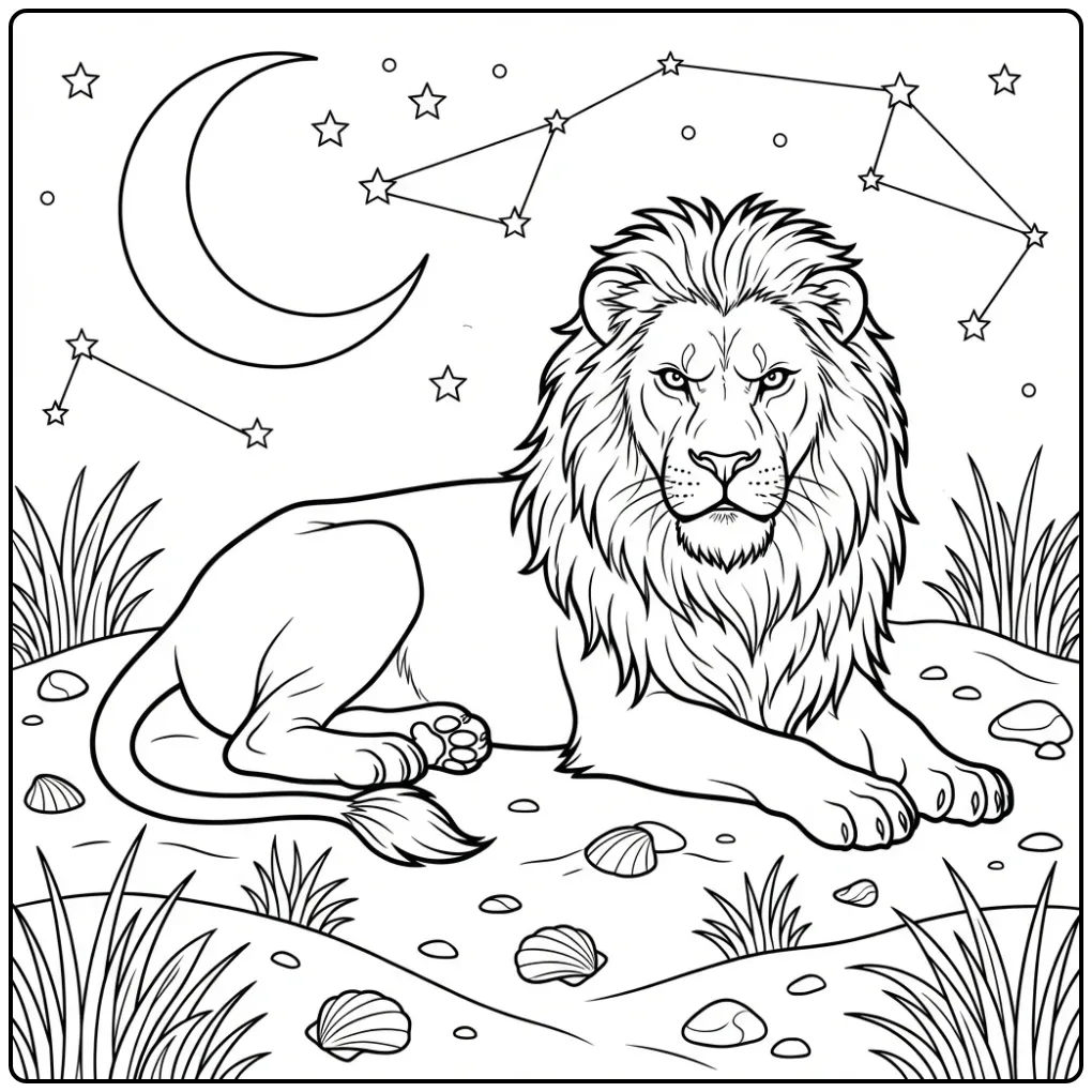 Sweet lion coloring page on a sand dune at night