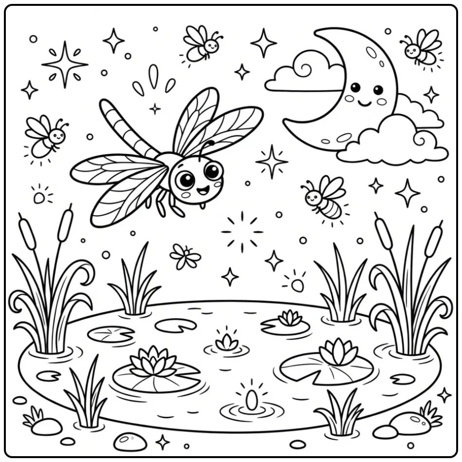 Magical dragonfly coloring page above a pond with the moon