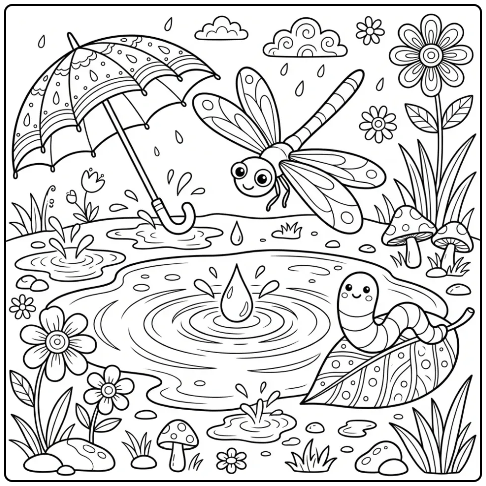 Dragonfly coloring page with an umbrella and worm