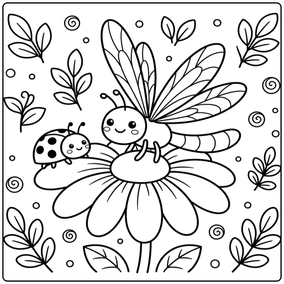 Dragonfly coloring page on a daisy with details