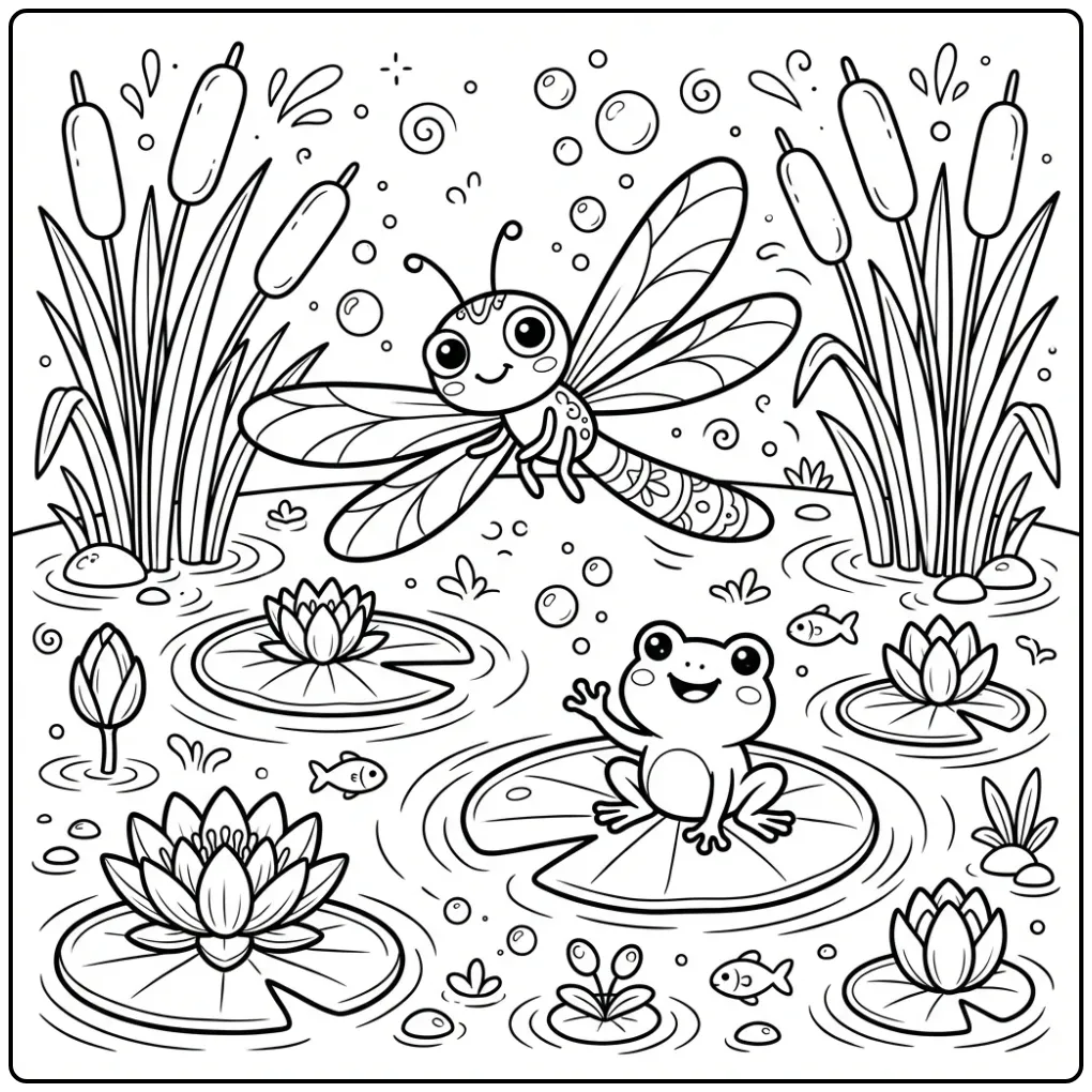 Dragonfly coloring page above a pond with a frog