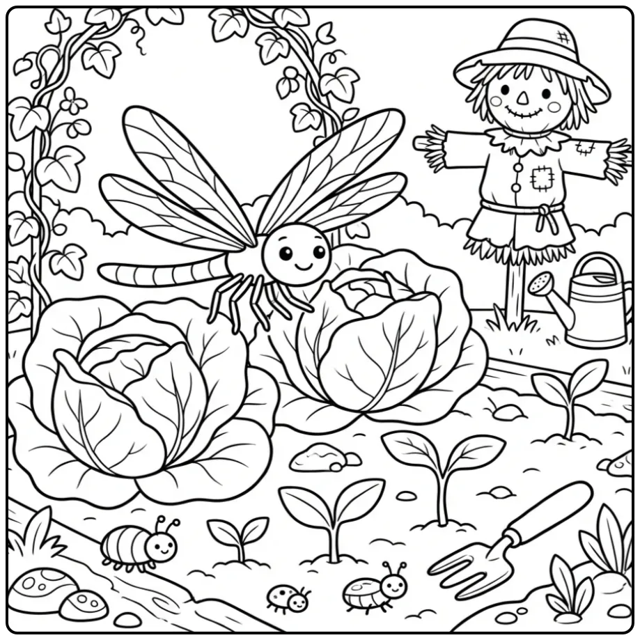 Dragonfly coloring page floating above large leaves