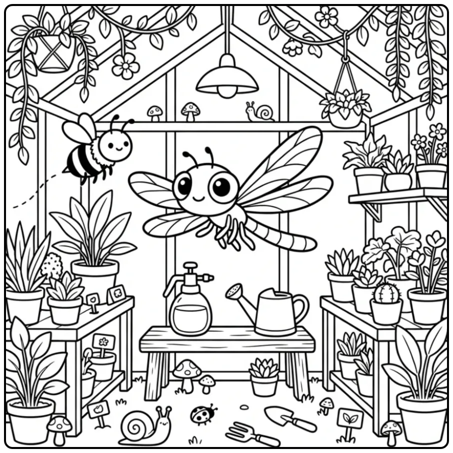 Dragonfly coloring page with a bee in a greenhouse