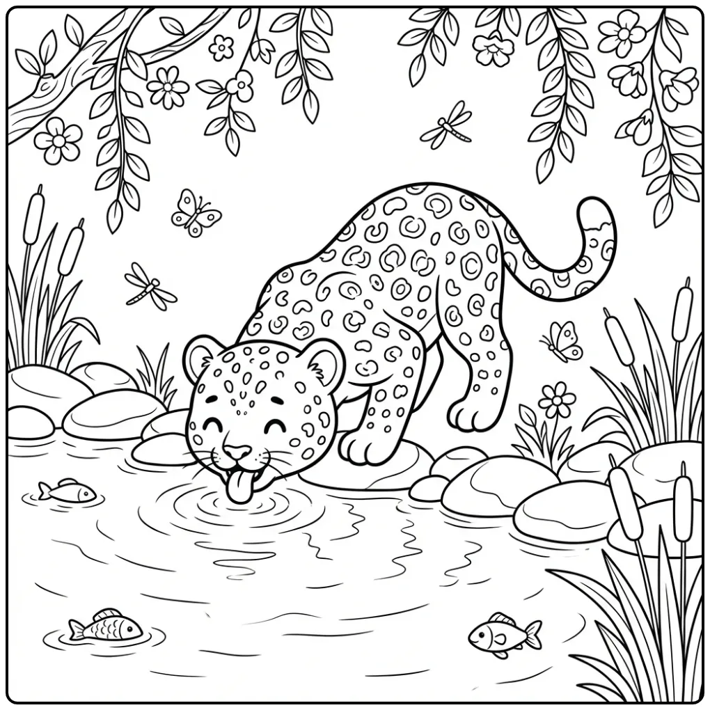 Cute Leopard by the Water with Rocks coloring page