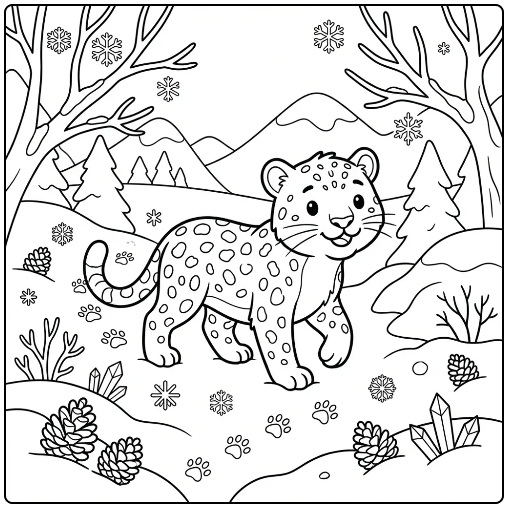 Cute Leopard in a Winter Landscape coloring page