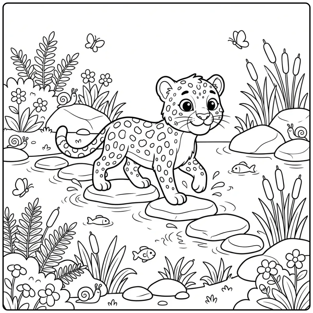 Cute Leopard on Stepping Stones coloring page