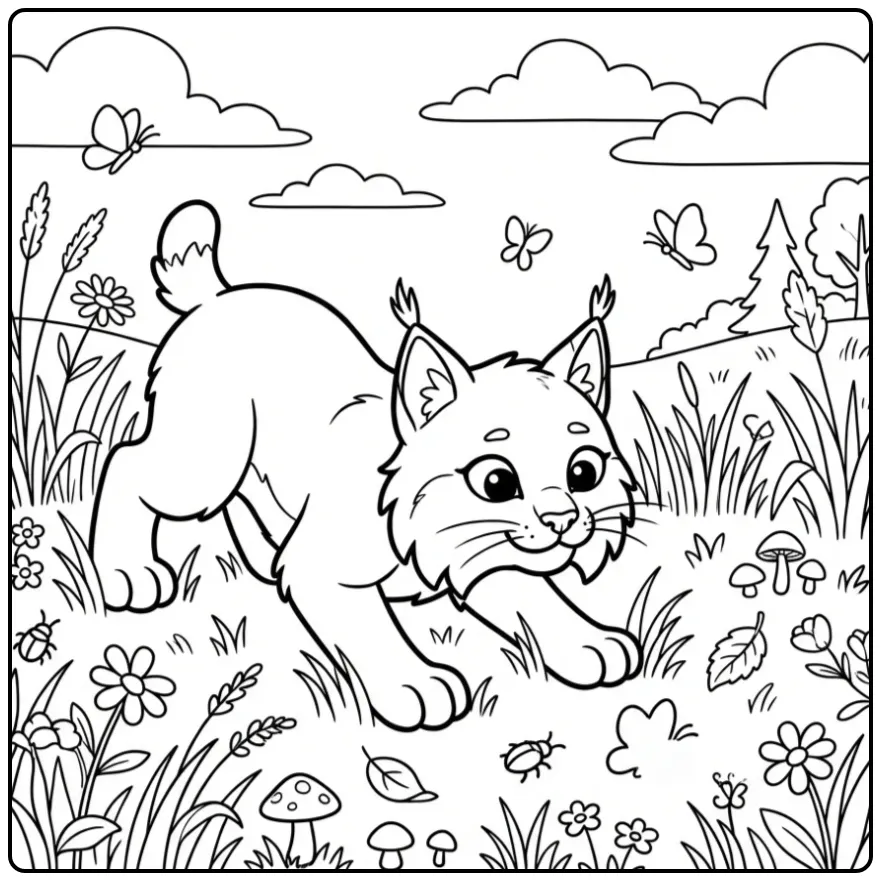 Lynx coloring page among wildflowers