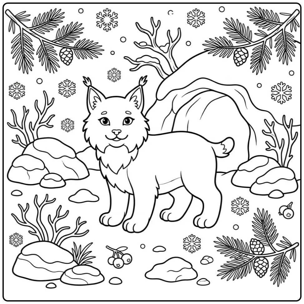 Lynx coloring page standing by a cozy den in the snow