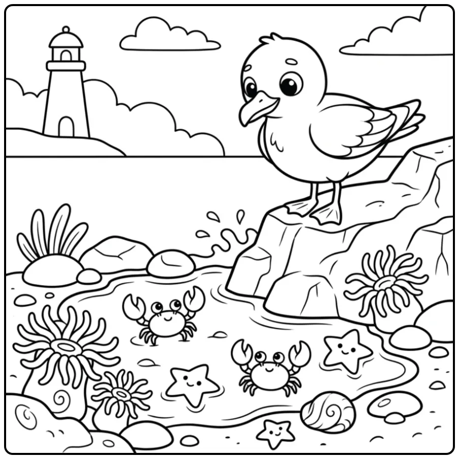 Seagull coloring page with crabs and starfish by the sea