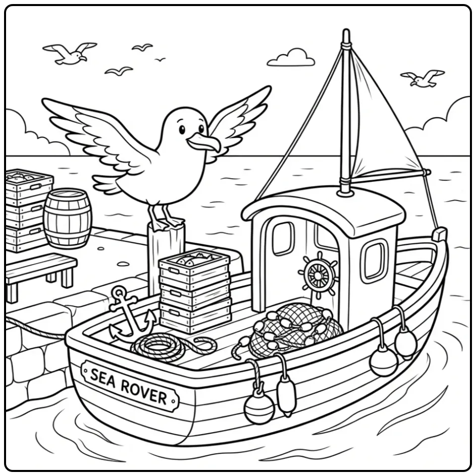 Seagull coloring page by a fishing boat in the harbor