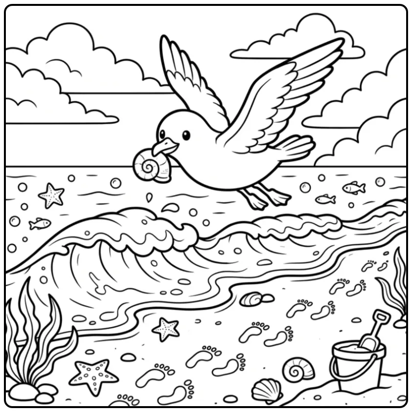 Cheerful seagull coloring page with a shell over the sea